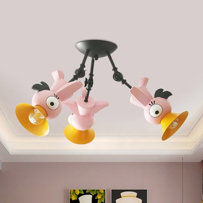 Bird Semi Flush Mount Light Cartoon Metallic 3 Lights Pink/Yellow/Blue Flushmount Lighting for Kids Bedroom