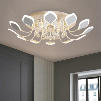 Black/White Leaf Ceiling Flush Light Modern Acrylic 10/12-Bulb Parlor Flushmount in Warm/White Light with Crystal Drop