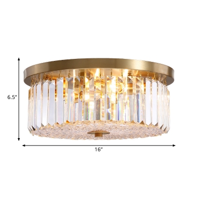 Brass Drum Flush Mount Fixture Contemporary Crystal Block 4 Lights Ceiling Lamp for Drawing Room