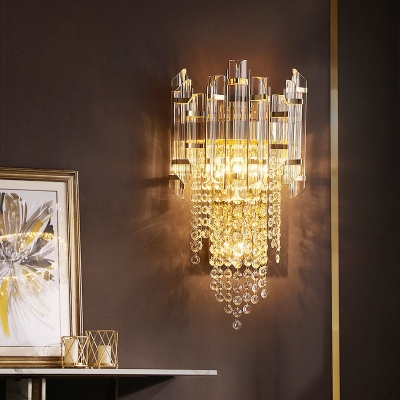 Cascading Bedside Wall Mount Lamp Clear Crystal 1 Head Modern Flush Wall Sconce in Gold