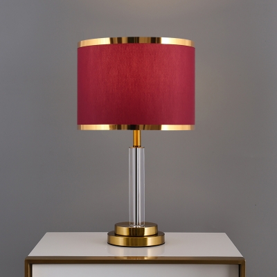 Classic Drum Shade Night Lighting 1 Bulb Fabric Nightstand Lamp in Burgundy/Beige with Column Base