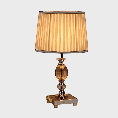 Clear Crystal Font Nightstand Lamp Traditional 1-Bulb Study Room Desk Light with Drum Pleated Fabric Shade in Beige