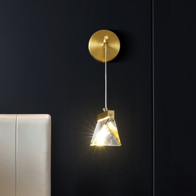 Clear Crystal Pyramid Wall Hanging Light Postmodern Bedside LED Sconce Light in Brass