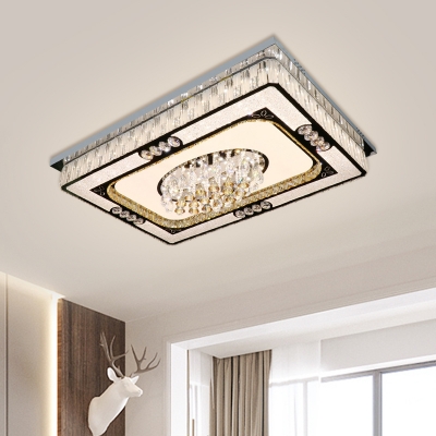 Crystal LED Ceiling Light Fixture Contemporary Nickel Rectangular Living Room Flush Mounted Lamp