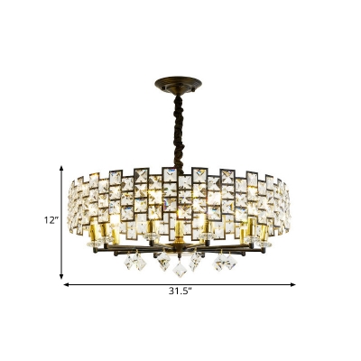 Cut Crystal Round Pendant Chandelier Contemporary 8/12-Light Living Room Hanging Lamp in Black