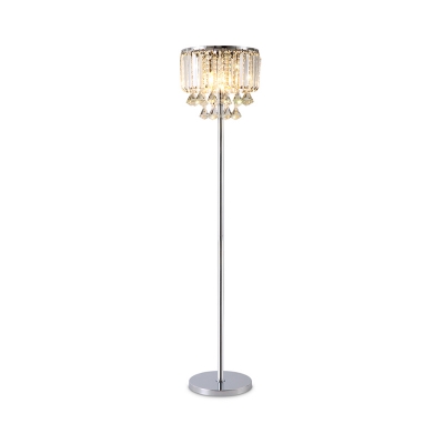 Drum Sitting Room Floor Lamp Crystal Block LED Modern Standing Light in Chrome with Droplet