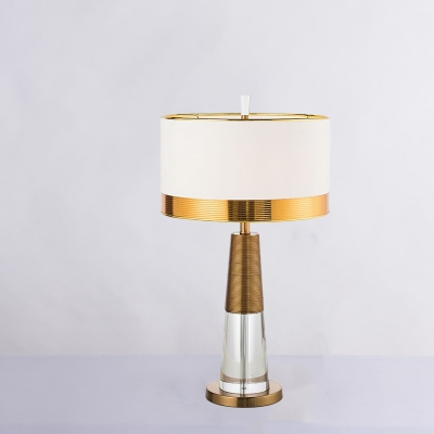 Fabric Drum Shade Table Lamp Postmodern 1 Bulb Bedroom Night Light with Cone Crystal Base in White-Brass