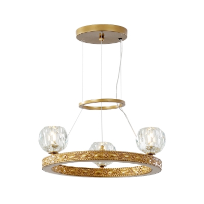 Faceted Crystal Globe Ceiling Chandelier Minimalist 3 Lights Gold Ring Suspension Lamp