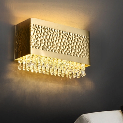 Gold Cuboid Flush Wall Sconce Postmodern Metal 2 Bulbs Dining Room Wall Light Kit with Crystal Fringe