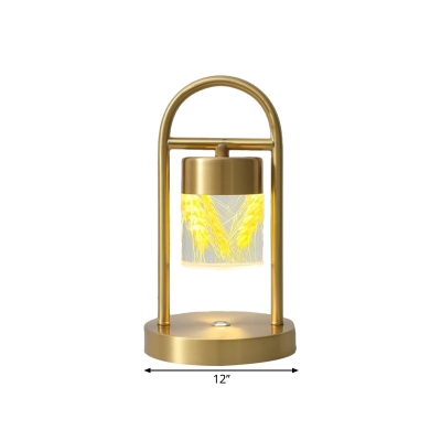 Gold Finish Oblong Frame Table Light Postmodern LED Metallic Nightstand Lamp with Plant Decor