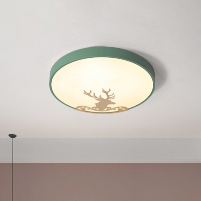 Kids LED Flush Mount Lamp Green Round Close to Ceiling Light with Acrylic Shade and Deer Decor