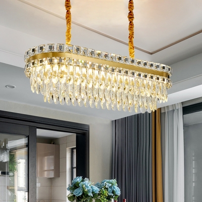 LED Hanging Light Modern 2-Layered Oblong Clear Crystal Island Pendant in Gold over Dining Table