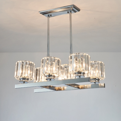 Modern Column Shade Ceiling Lamp Clear Crystal 6-Light Island Pendant in Chrome for Dining Room