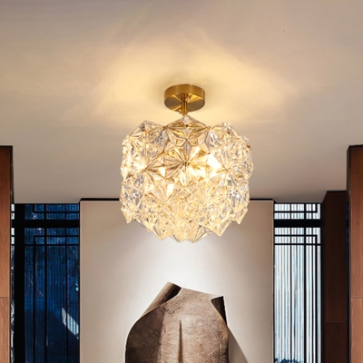 Modern Hexagon Ceiling Light Fixture Faceted Crystal 3 Heads Semi-Flush Mount in Gold for Doorway