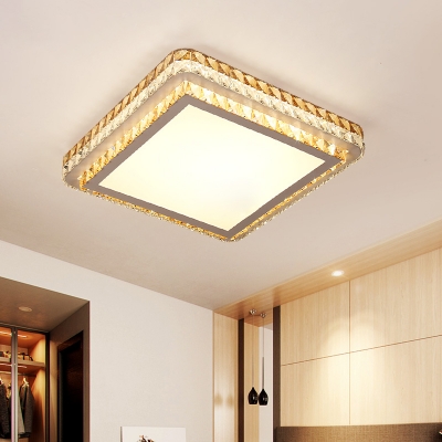 Modern LED Flushmount Ceiling Lamp with Clear Crystal Shade Silver Square Ceiling Light for Sleeping Room