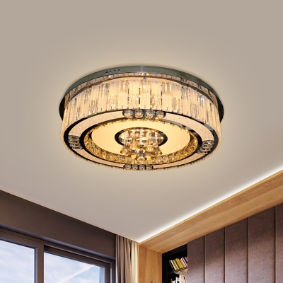 Modern Style Drum Flush Mount Light Clear Crystal LED Ceiling Lighting in Stainless Steel