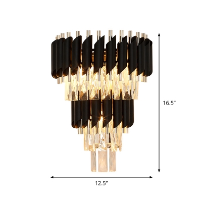 Modern Tapered Wall Light Fixture Crystal Block 3 Heads Sconce Light in Black for Living Room