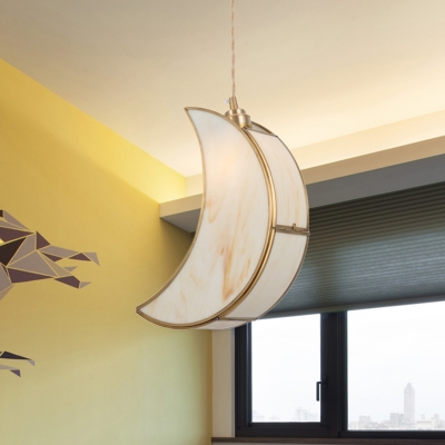 Moon Suspended Lighting Fixture Nordic Tan Glass 1-Light Sleeping Room Pendant Lamp in Gold
