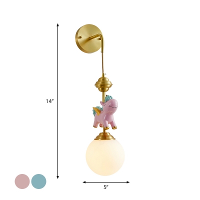 Opaline Glass Ball Wall Lighting Ideas Cartoon 1-Bulb Pink/Blue Wall Mount Lamp with Unicorn Deco