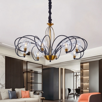 Postmodern Orb Shade Pendant Chandelier Clear Glass 5/8-Bulb Dining Room Hanging Light with Curved Arm in Black-Gold