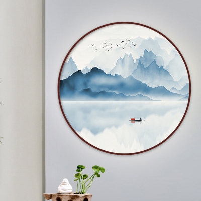 Round Wall Mural Mount Lamp Asia Acrylic LED Blue Wall Sconce with Mountain and Bird Pattern, Warm/White Light