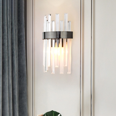 Single-Bulb Flush Wall Sconce Modern Dining Room Wall Mount Lamp with Cylindrical Crystal Rods Shade in Black