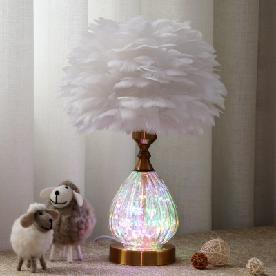Tan Glass Teardrop Desk Lighting Modernist 1 Light White Night Lamp with Feather Design