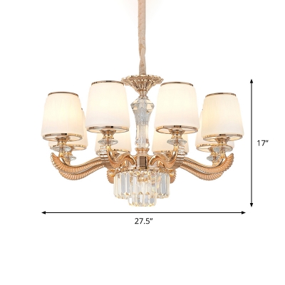 Tapered Shade Living Room Chandelier Lamp Traditional White Glass 6/8 Lights Gold Ceiling Pendant