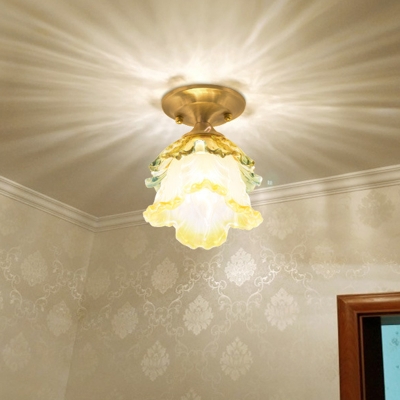 Traditional Blossom Ceiling Flush 1 Head Yellow and Green Glass Flush Mount Light in Brass