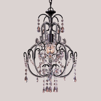 Traditional Gourd Frame Suspension Light 1 Bulb Crystal Bead Hanging Ceiling Lamp in Black
