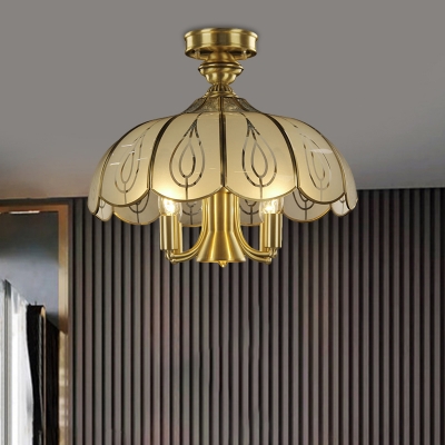 4-Bulb Semi Flush Mount Colonial Domed Frosted Glass Flushmount Ceiling Lamp in Brass