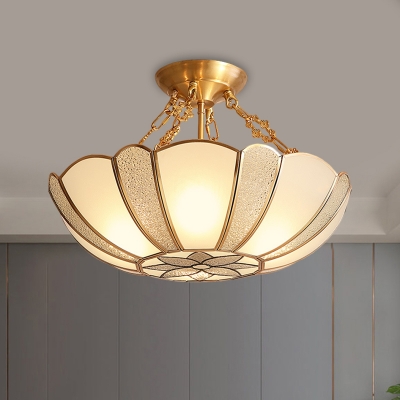 4 Heads Bowl Close to Ceiling Lamp Vintage Style Brass Frosted Glass Semi Flush Mount