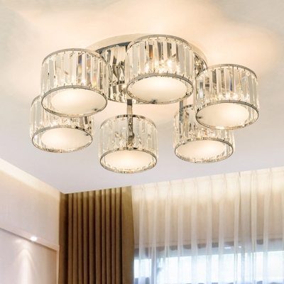 5/6 Heads Clear Crystal Semi Flush Contemporary Chrome Round Living Room Ceiling Mount Chandelier