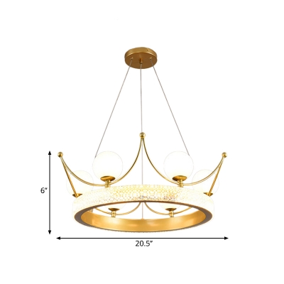 Acrylic Crown Hanging Pendant Cartoon 6 Lights Gold Chandelier Light Fixture with White Glass Shade