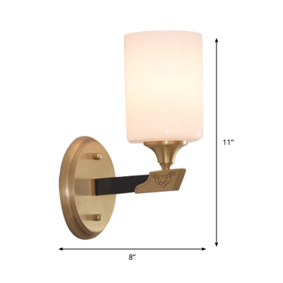 Black-Gold 1/2-Bulb Wall Lighting Traditional Opaline Glass Cylindrical Sconce Light Fixture