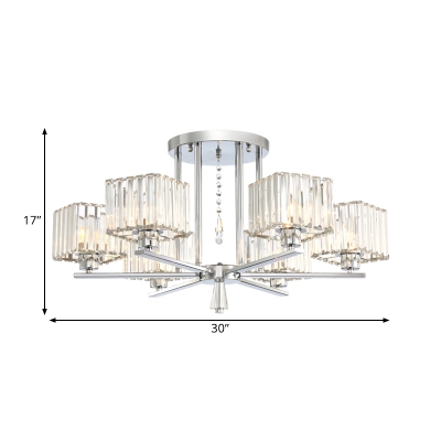 Chrome 6/8-Bulb Semi Flush Chandelier Modern Clear Crystal Rectangle Flush Ceiling Light