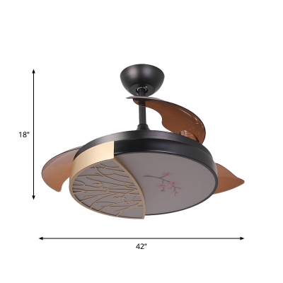 Circle Metal Hanging Fan Light Contemporary Black LED Semi Flush Mount Light with 3-Blade, 42