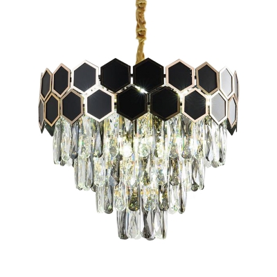 Conical Dining Room Suspension Lamp Modernist Crystal 9-Bulb Black Pendant Chandelier