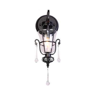 Contemporary Flared Wall Lighting Translucent Crystal 1/2-Light Corridor Wall Sconce in Black with Scroll Arm