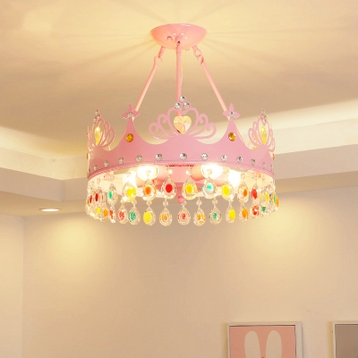 Crown Metal Flush Mount Lighting Kids 5-Light Pink/Gold Semi Flush Ceiling Light with Crystal Decor