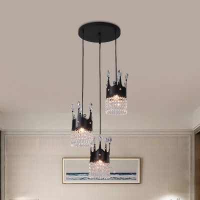 Crystal Crown Multi Pendant Modern 3 Heads Hanging Ceiling Light in Black for Restaurant, Round/Linear Canopy
