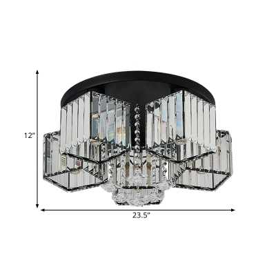 Cube Flush Mount Fixture Modern Bevel Crystal 5/6 Heads Great Room Ceiling Mounted Light in Black