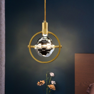Gold Circular Down Lighting Pendant Postmodern Metal Bedside LED Suspension Light with Ball Clear Crystal Diffuser