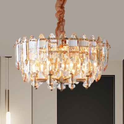 Gold Drum-Shaped Pendant Chandelier Modern Style Crystal Block 8-Lights Down Lighting for Dining Room