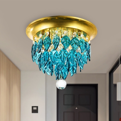 Leaf Corridor Ceiling Flush Mount Modernist Clear/Lake Blue Crystal 4 Bulbs Brass Flush Mount Lighting Fixture
