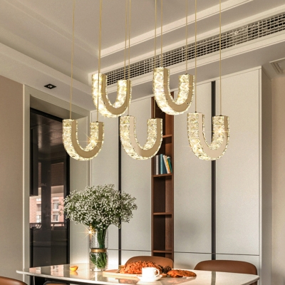 LED Kitchen Multi Light Pendant Contemporary Stainless-Steel Ceiling Hang Fixture with U-Shaped Crystal Shade