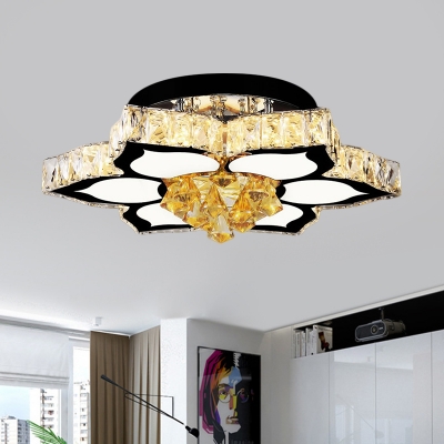 Lotus Clear Crystal Glass Semi Flush Contemporary LED Stainless-Steel Ceiling Mount Light Fixture with Glass Drops