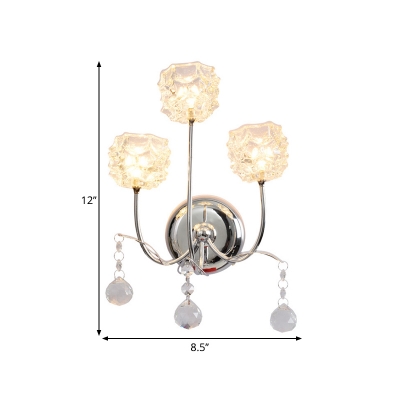 Metal Floral Wall Light Fixture Contemporary 3-Head Wall Mounted Light Fixture in Chrome with Crystal Shade