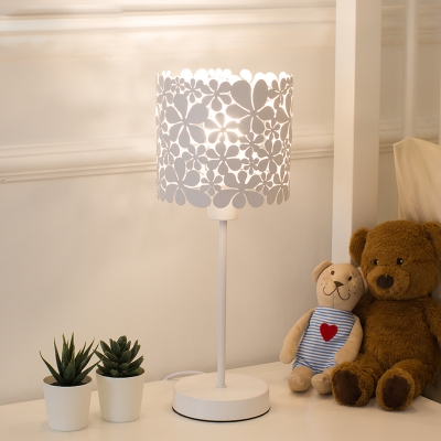 Minimalism Barrel Desk Light Metal 1 Head Bedroom Nightstand Lamp with Flower Design in White