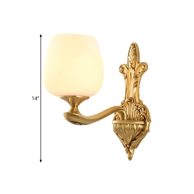 Opal Glass Brass Wall Light Tapered 1/2 Lights Traditional Wall Mounted Lighting for Bedroom